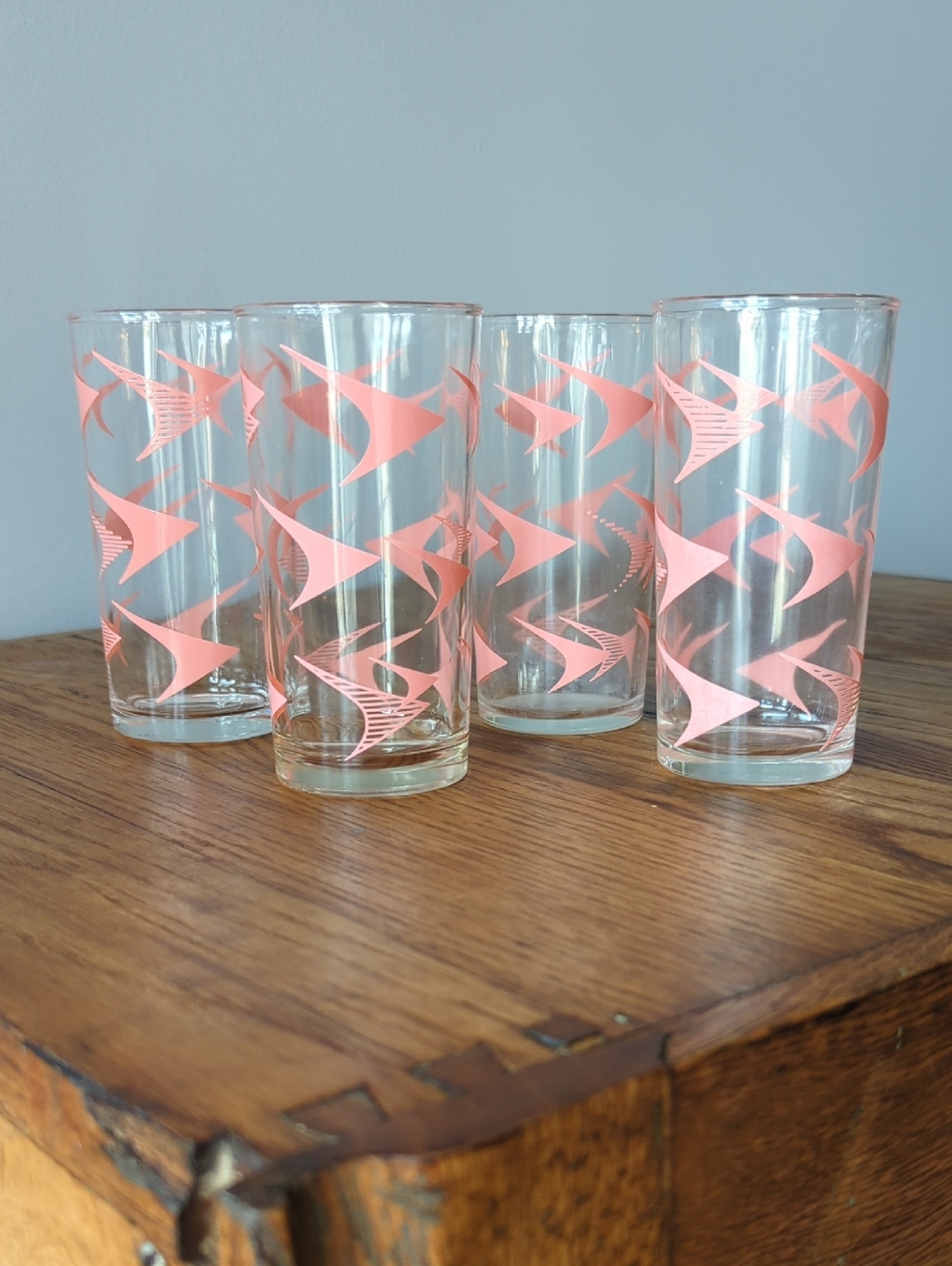 Swanky Swig 5" Tumbler Glasses - Pink Atomic Boomerang Hazel Atlas - Set of 4